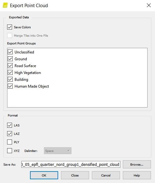 Screenshot showing how to export from a point cloud in Pix4Dbim.