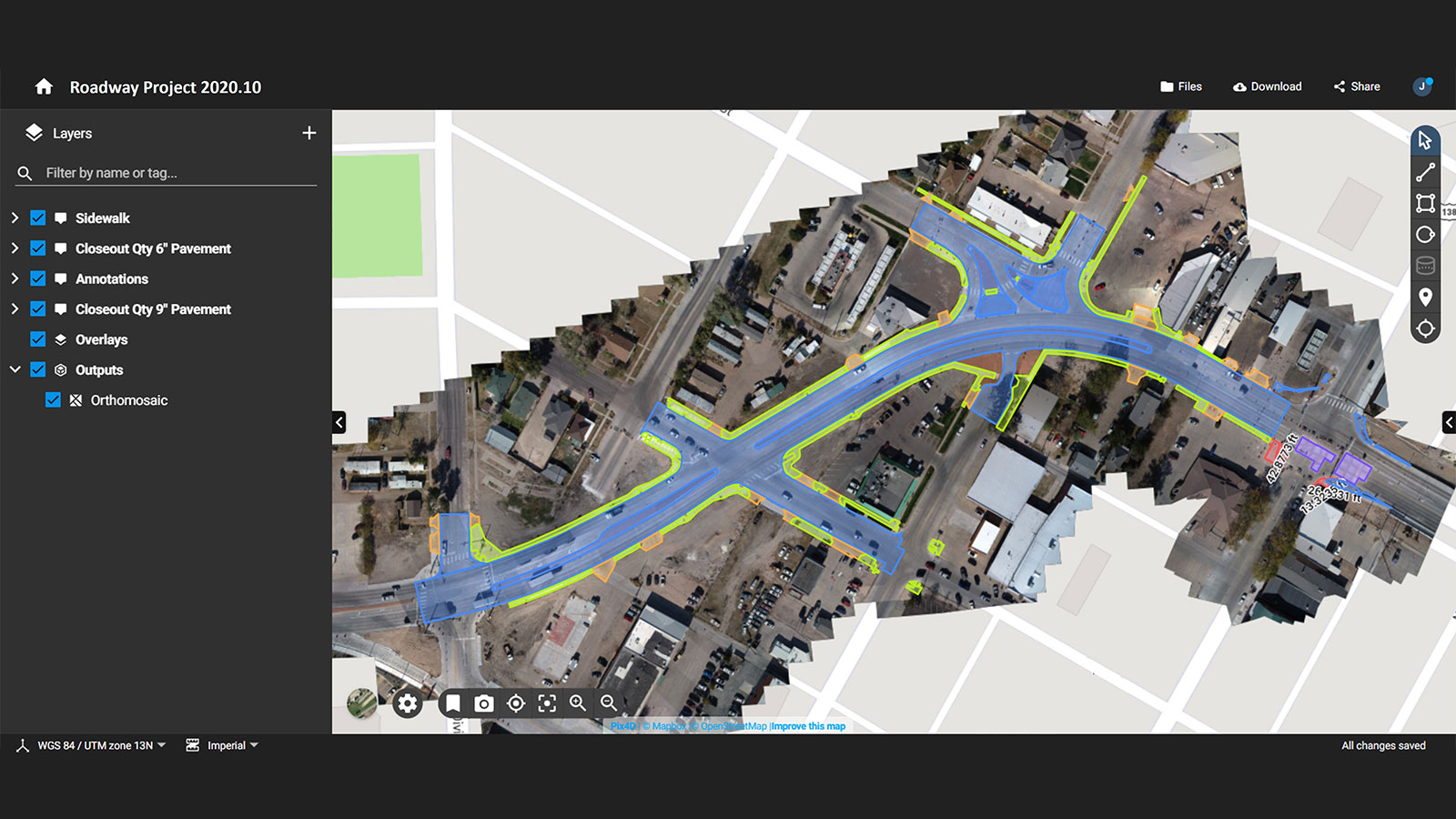 PIX4Dcloud UI with a road measurement