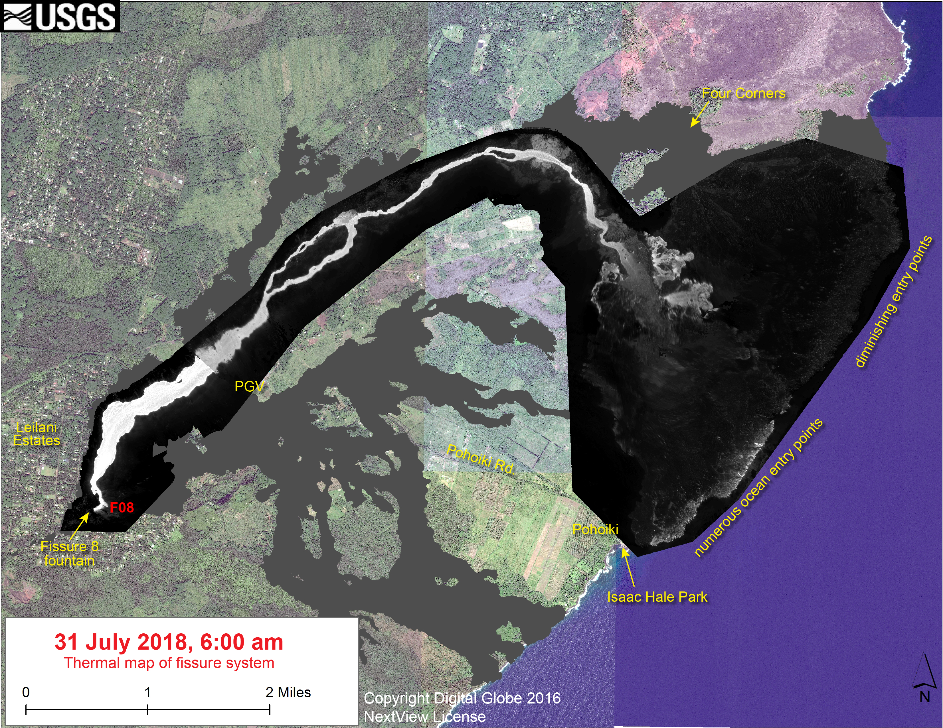 Thermal map of fissure system and lava flows