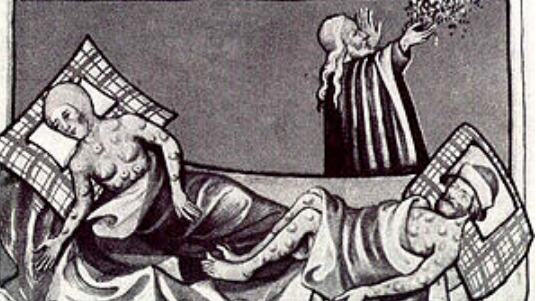 Woodcut depicting two plague victims in bed, tended to by a priest.