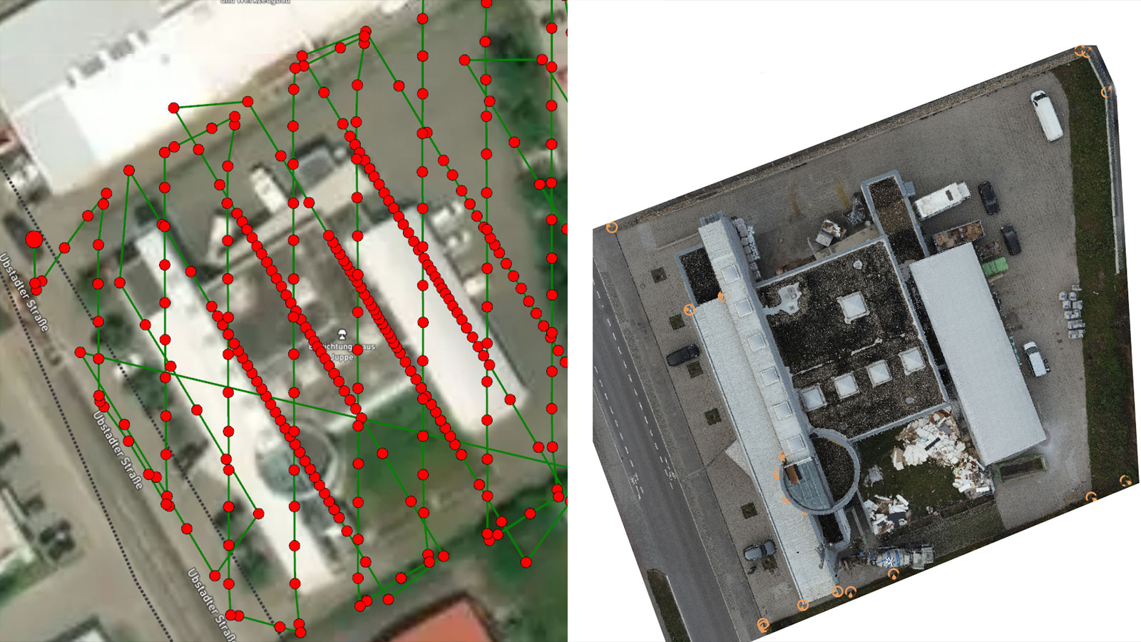 Flight plan next to a 2D orthomosaic of a model from PIX4Dmatpper