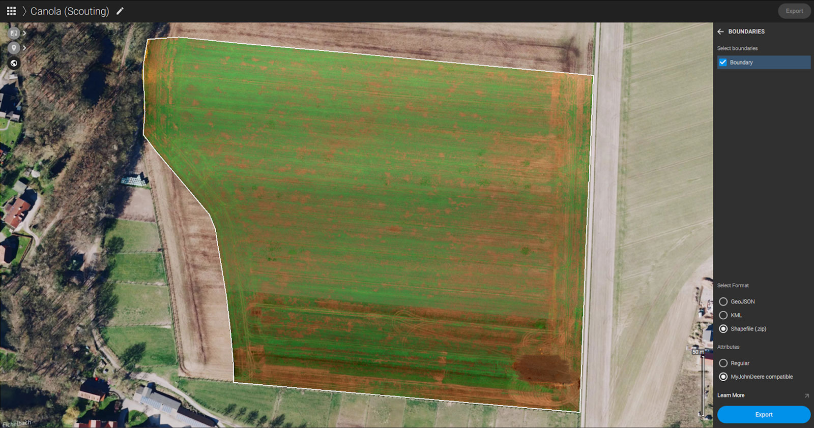Boundaries on an drone map for agriculture