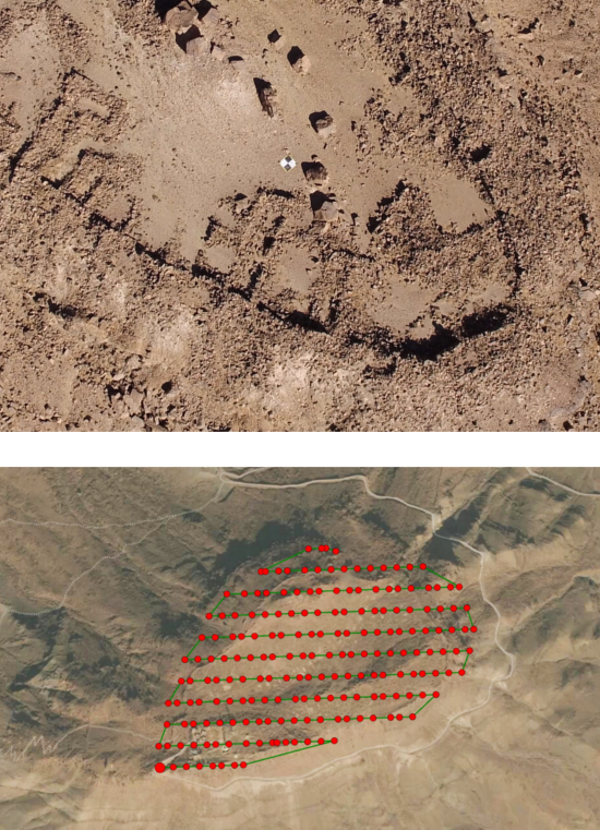 Two aerial images of the Sahara, one showing an archaeological site and the other the flight plan over the same site.