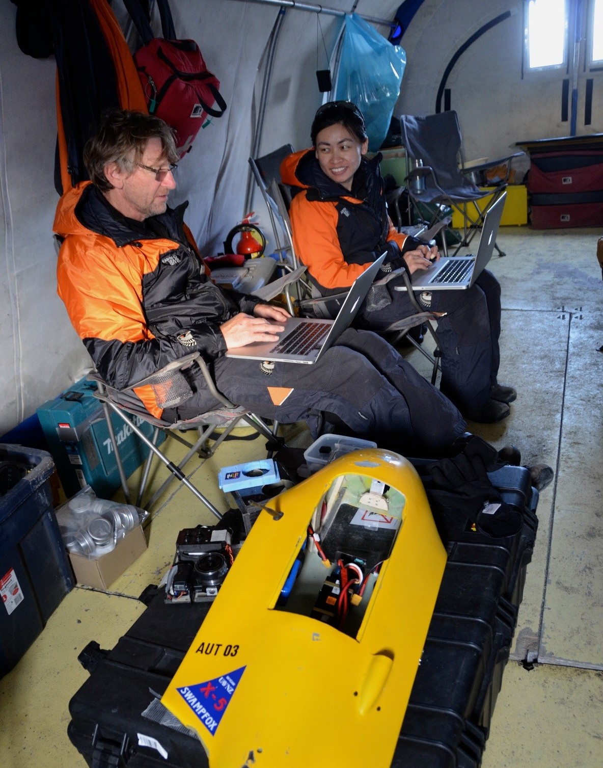 Len and a student working with Pix4Dmapper in Antarctica.