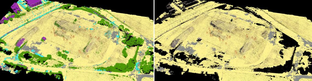 Two side by side images of earthworks. In one, buildings are highlighted in purple.