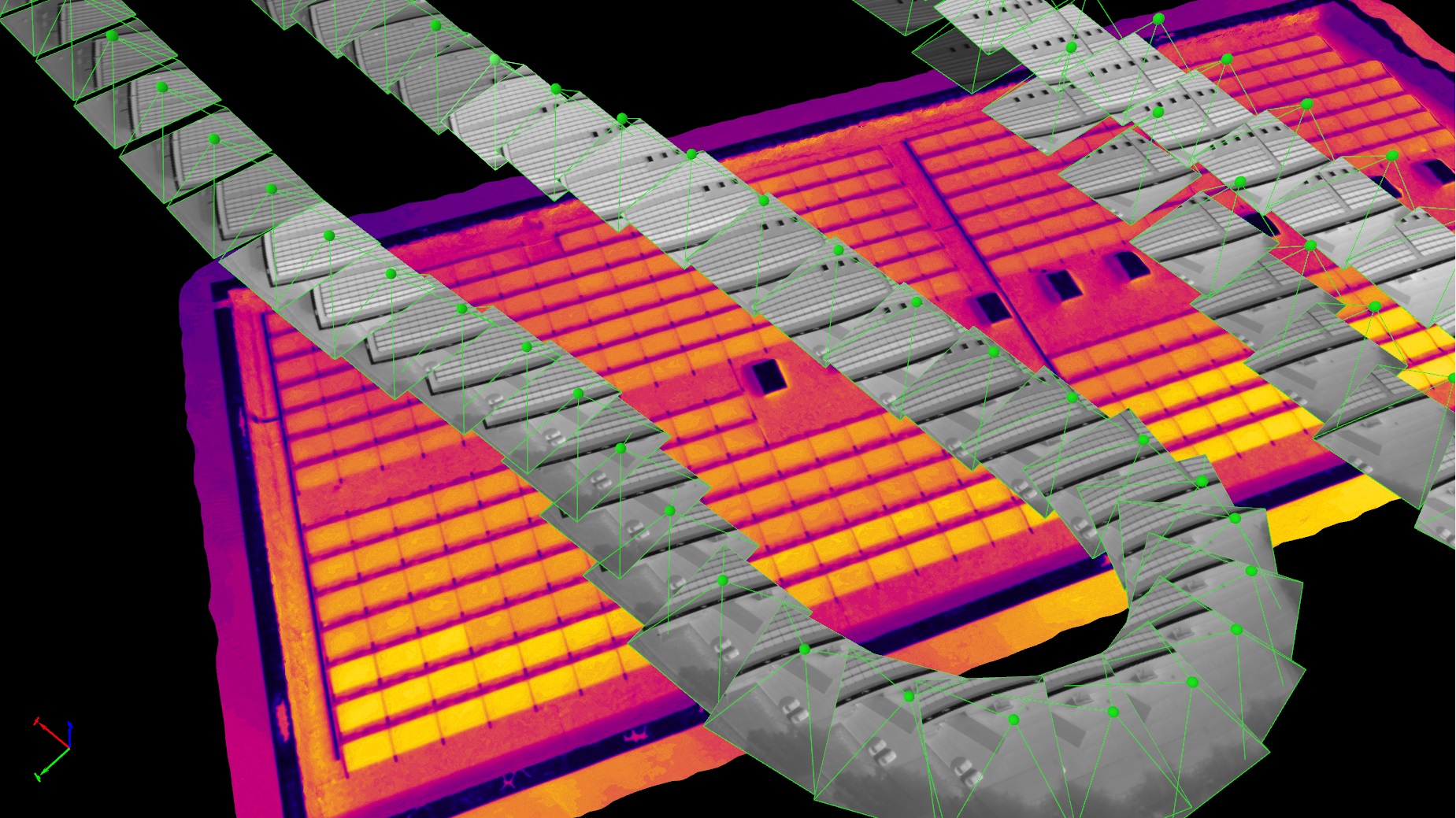 A thermal drone image of a roof, showing the location of each image captured.