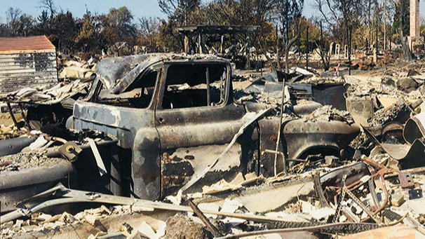 A burned out car in the Santa Rosa fire storm