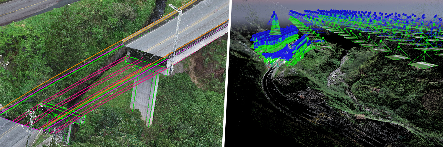Visualización en 3D del proyecto del puente que muestra el trabajo proyectado y rayCloud usando el software de fotogrametría y mapeo de drones.