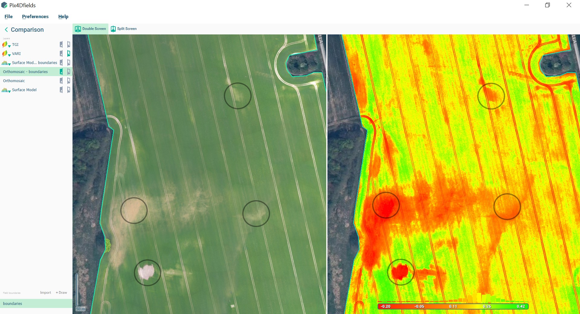 Comparing an orthomosaic to an index map in Pix4Dfields