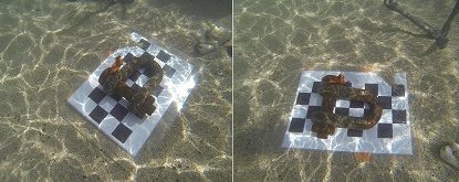 Two images, side by side, both showing the same metal object on the same ground control point. Due to the quality of the light, both objects appear quite different.