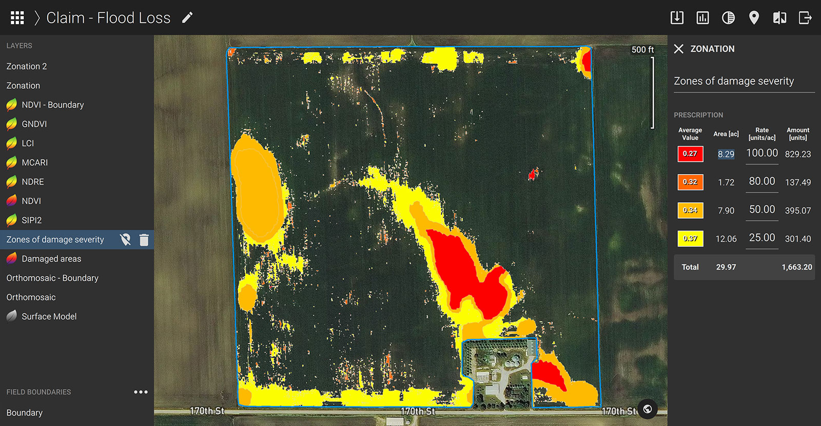 Criando zonas de gravidade de danos em Pix4Dfields após um evento de inundação