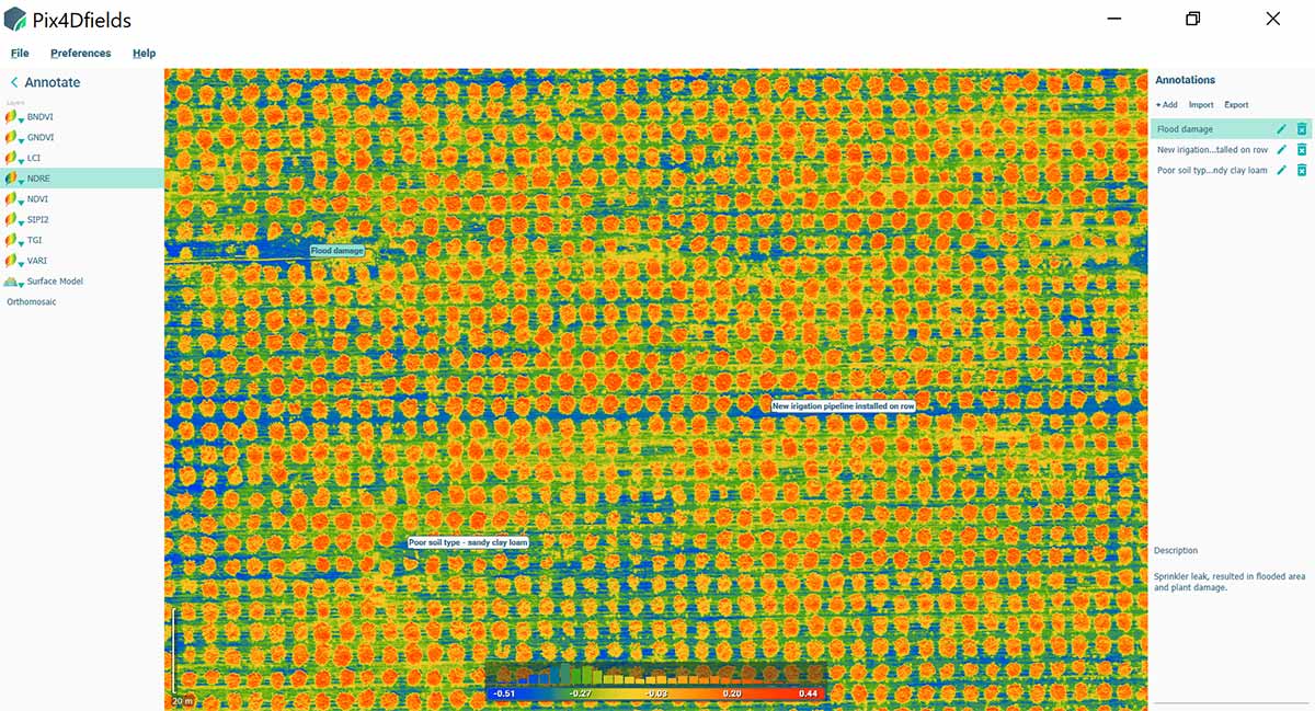 NDRE index map created from drone images for crop protection in agriculture