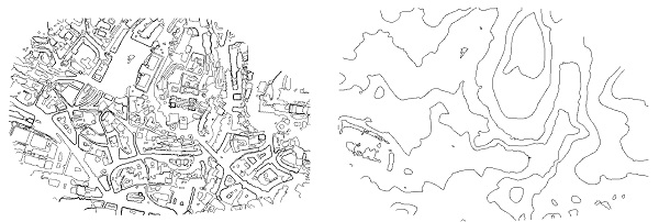 Two contrasting contour lines of the same area of Lausanne. The left contour lines are based on DSM and are very detailed. The other contour lines are based on DTM and are less detailed.