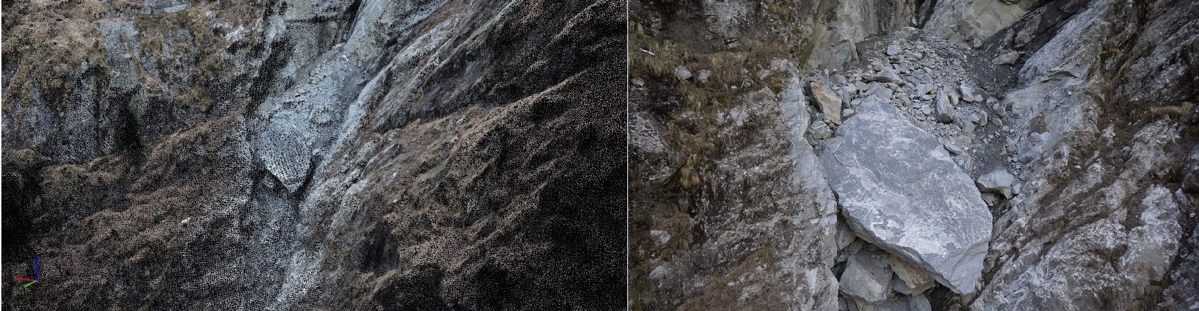 Two images of the rock fall - left showing the target rock in a Pix4Dmapper point cloud, and the right a photograph of the rock.