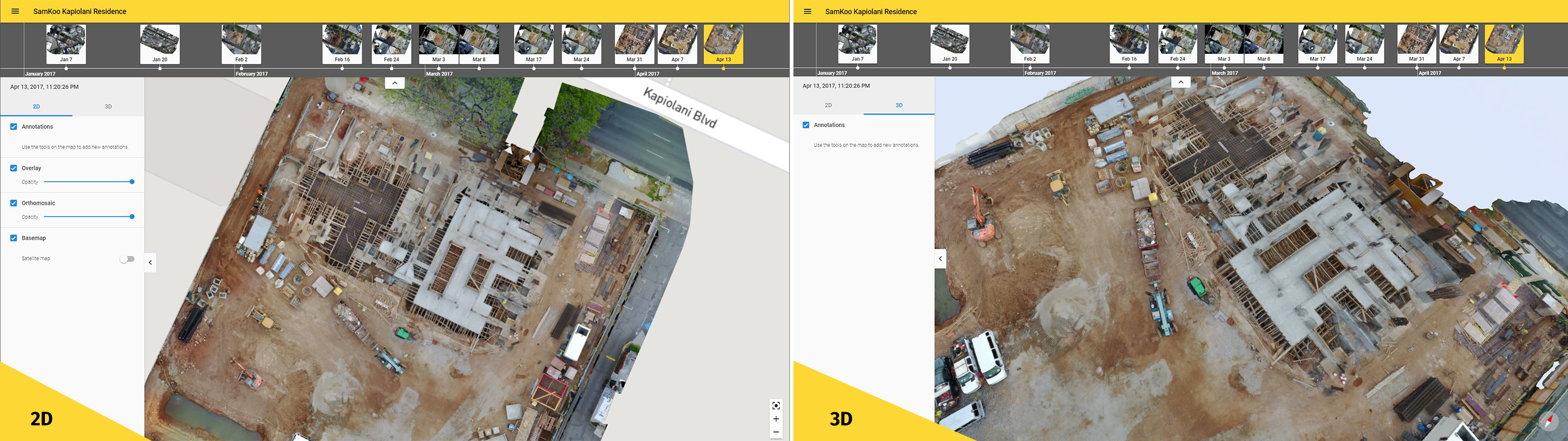 Two screenshots of the timeline of Pix4Dbim desktop