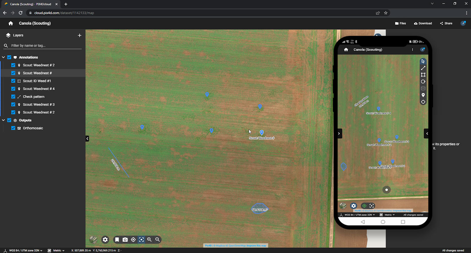 Annotations in a drone map of a agriculture field on PIX4Dcloud