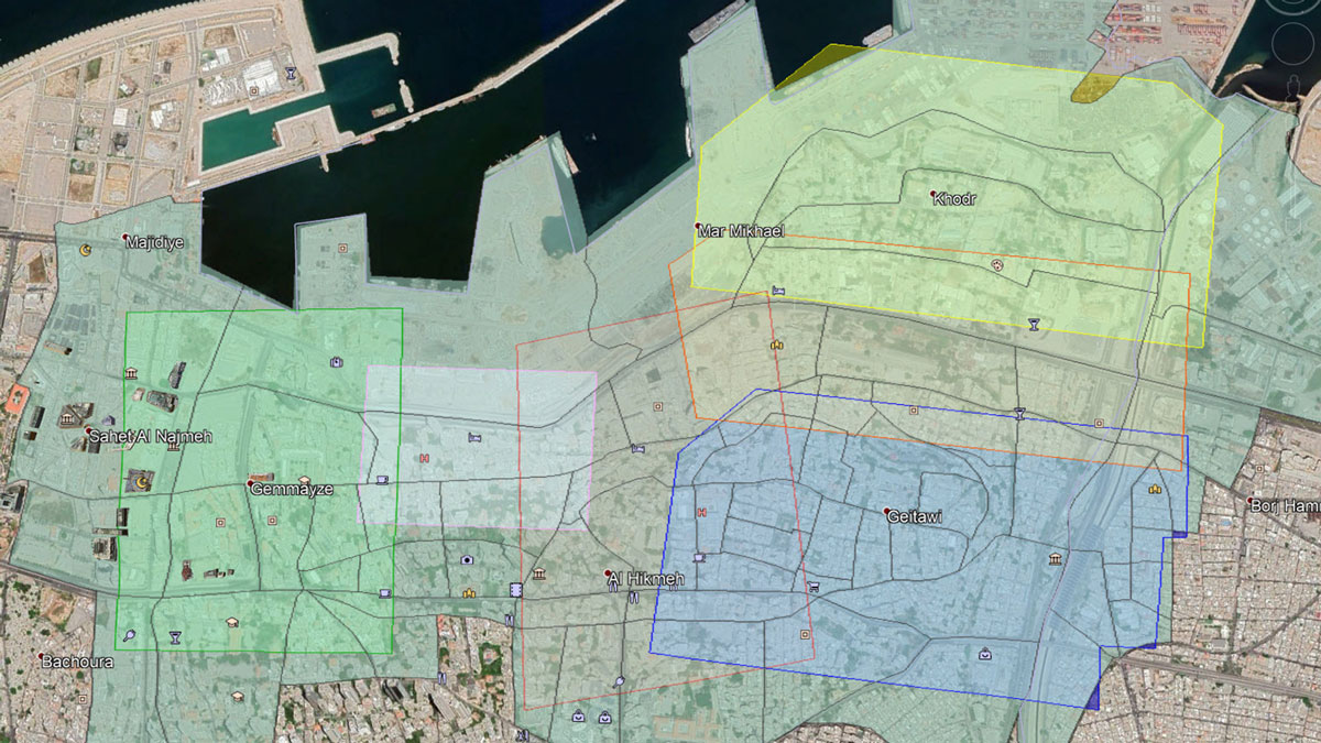 A map of the Beirut port and inland area divided into sections for mapping