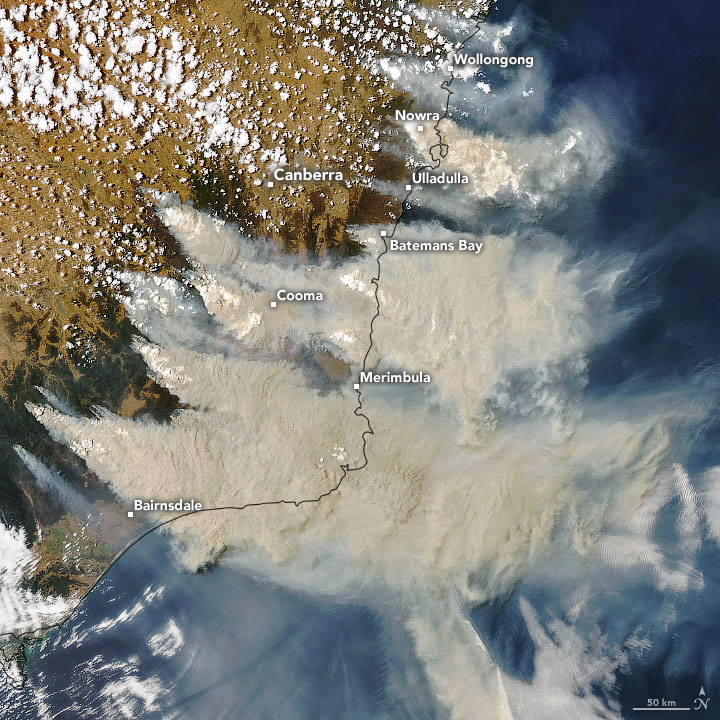 Smoke seen from a satellite along the Australian coast