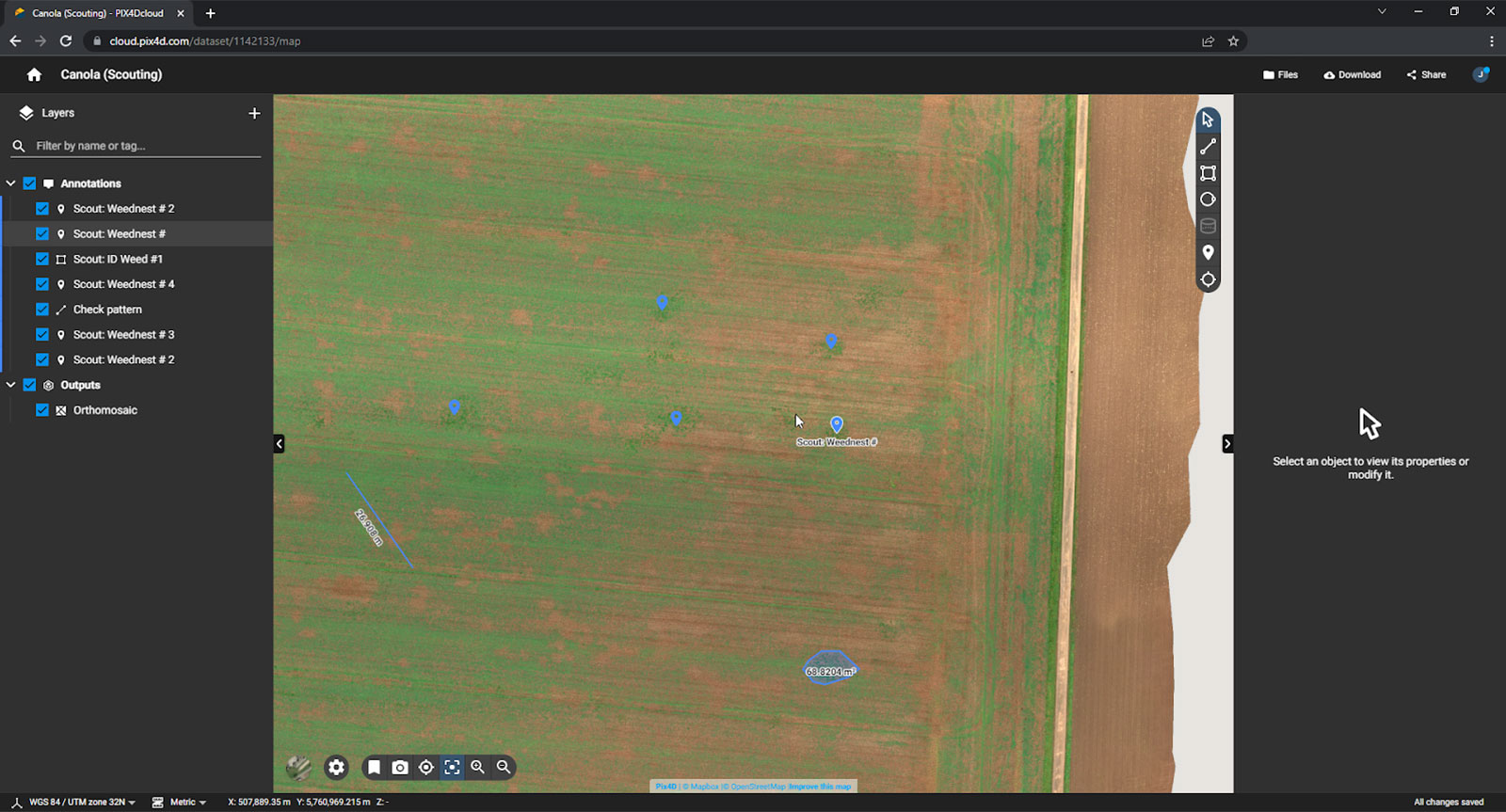 annotations in drone map showing areas with weed