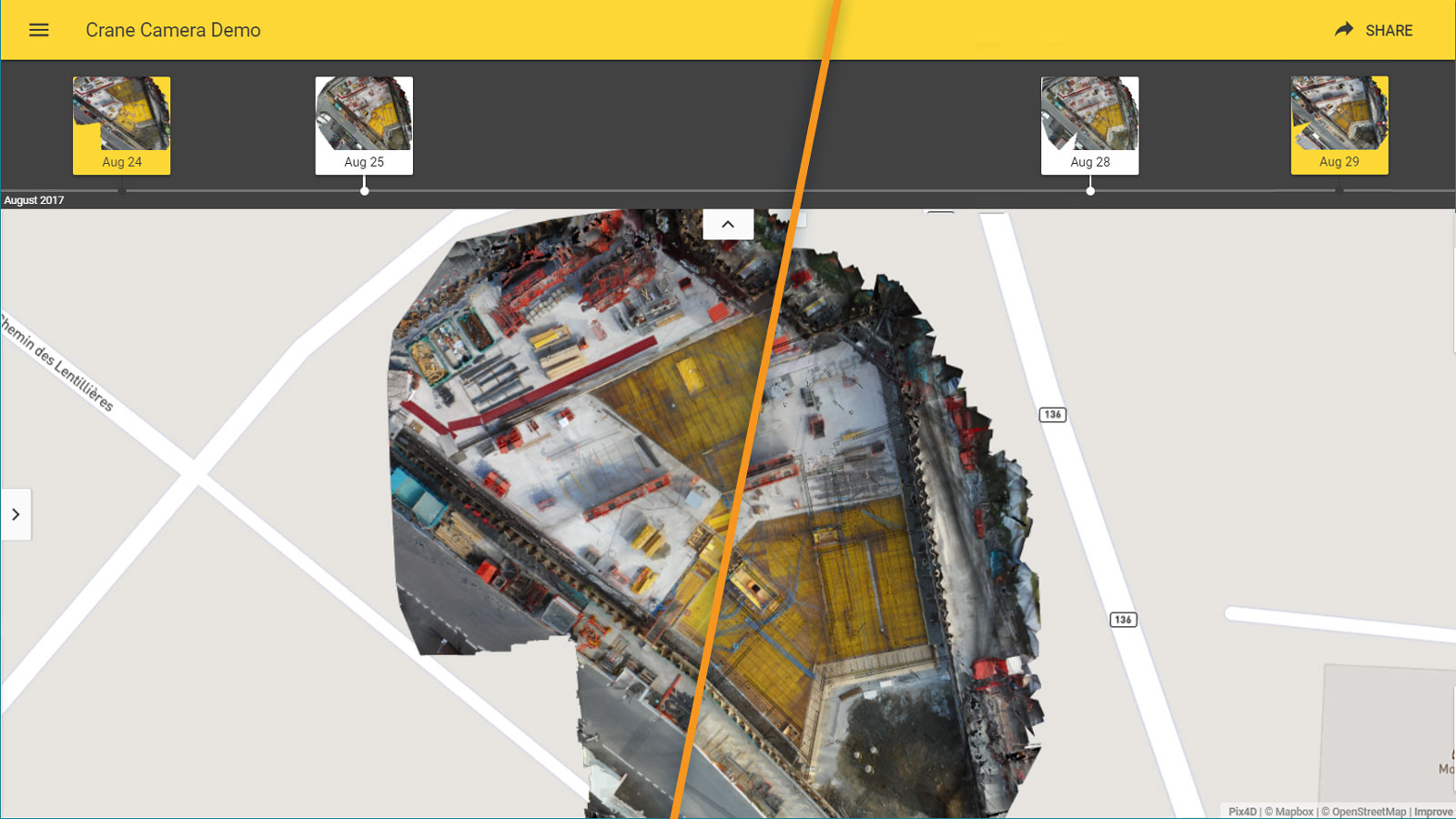 The Pix4Dbim timeline allows you to compare two different points in time