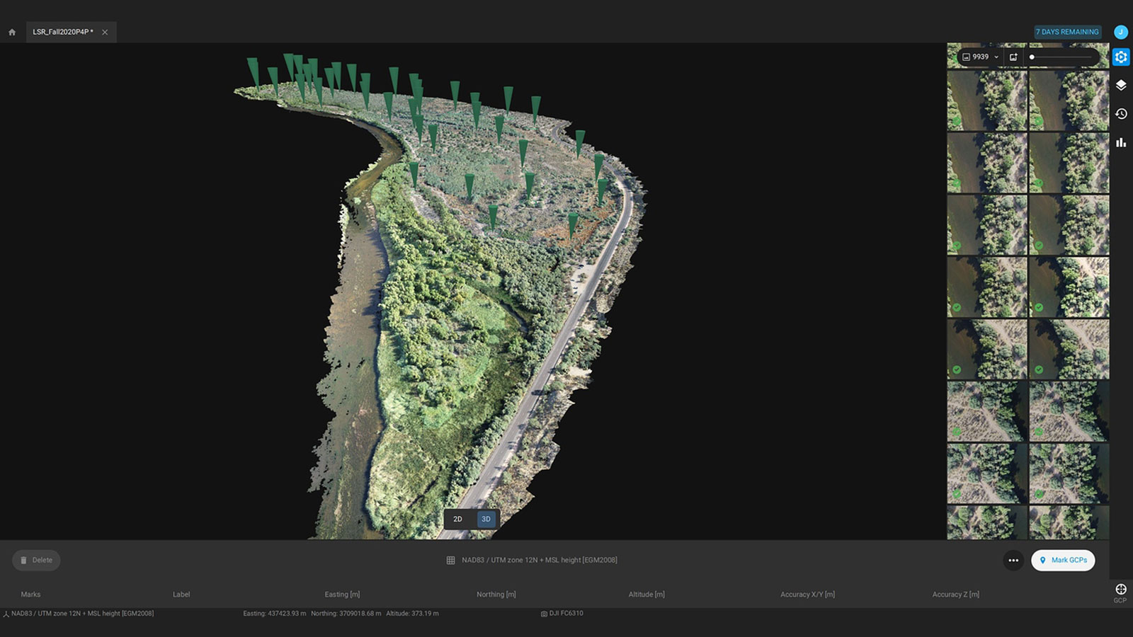 Pix4Dmatic interface with the corridor map of the river channel