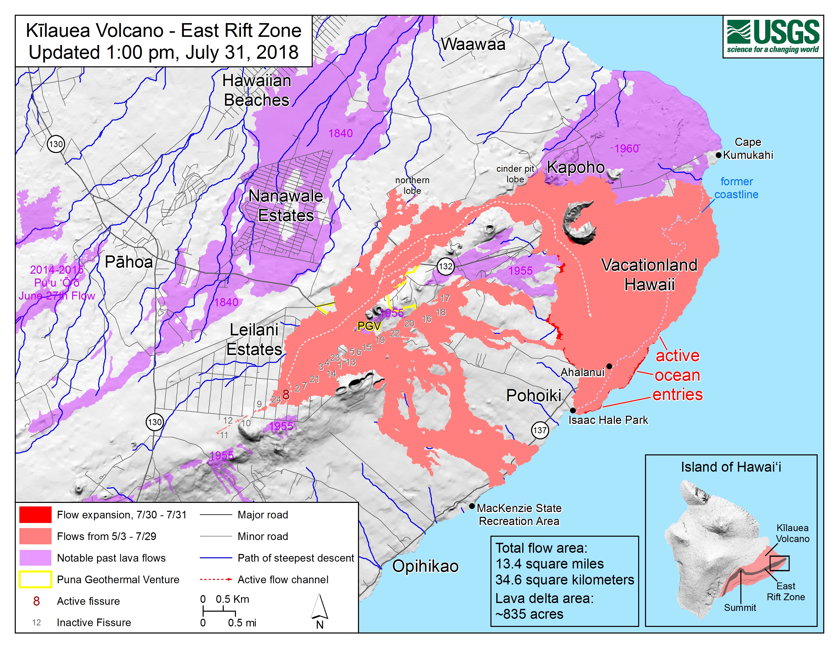 Map of Kīlauea's lower East Rift Zone lava flows and fissures, July 31