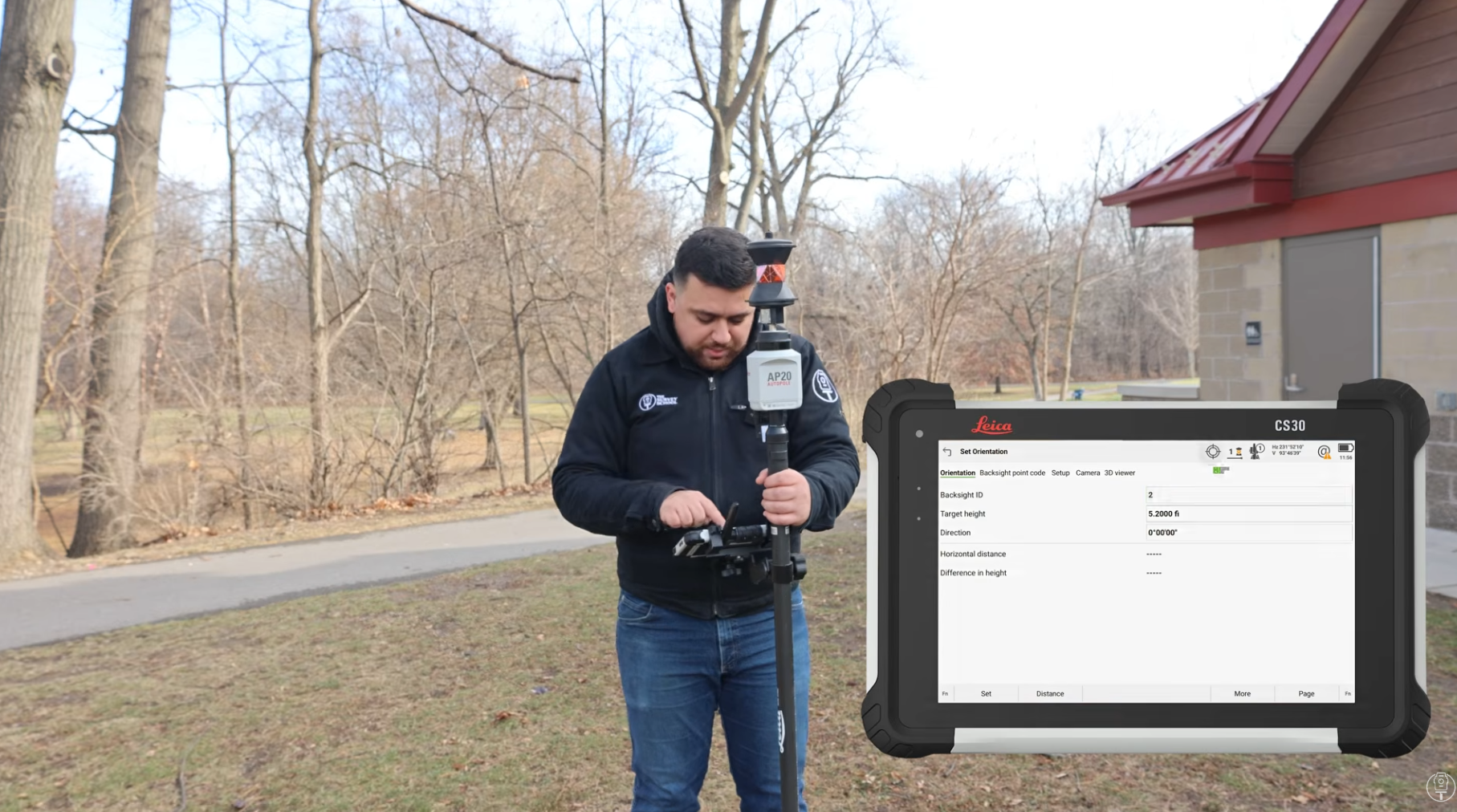 3. Establishing survey control points with a prism and tablet.