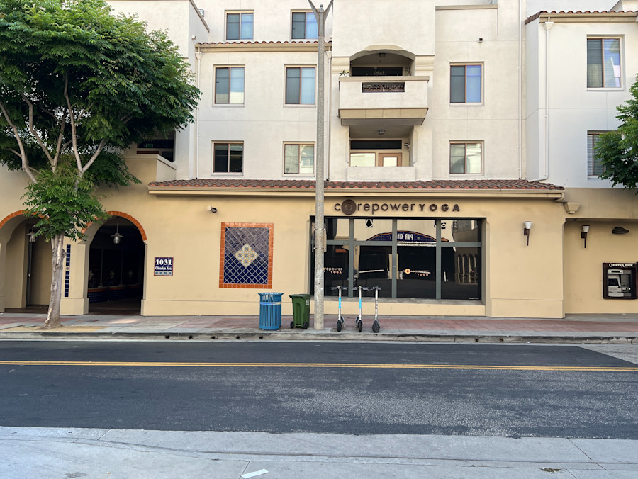 The studio's frontage on Glendon Avenue in Westwood Village, signage across the building front