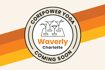 Circular logo for CorePower Yoga coming soon to Charlotte, North Carolina with clock tower icon on orange and yellow stripes