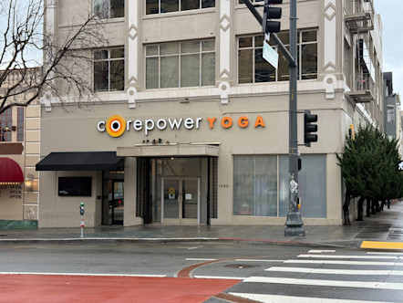 CorePower Yoga Nob Hill studio's CorePower logo displayed on tan building