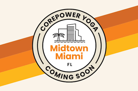 Tan and white CorePower Yoga coming soon target logo with orange Midtown Miami lettering in the center and a Miami skyline icon to indicate the area