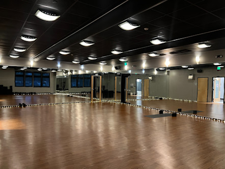 Woodbridge studio room with dark brown wooden floors and mirror walls lined with white twinkle lights along the floor
