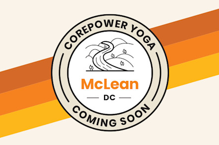 CorePower Yoga McLean DC logo with "COMING SOON" text on a cream circular badge with orange and yellow stripes background