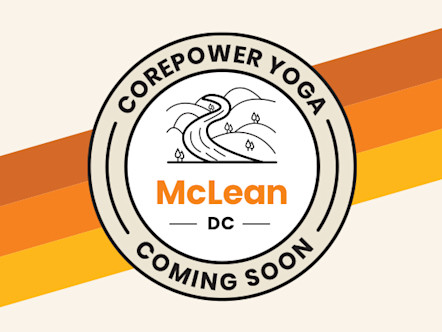 CorePower Yoga McLean DC logo with "COMING SOON" text on a cream circular badge with orange and yellow stripes background