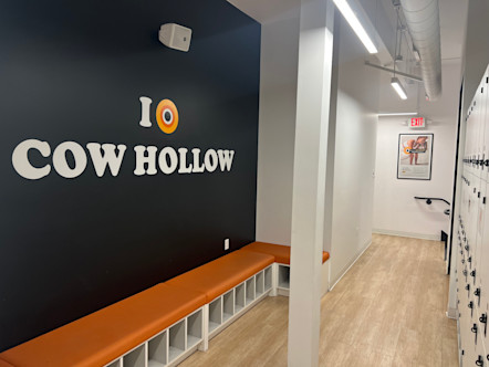CorePower Yoga Cow Hollow studio's 'I love Cow Hollow' decal and lockers
