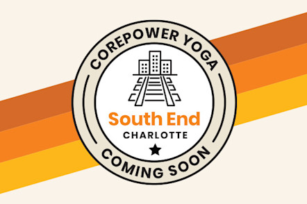 CorePower Yoga South End Charlotte logo with cityscape icon and "COMING SOON" text on orange and yellow striped background