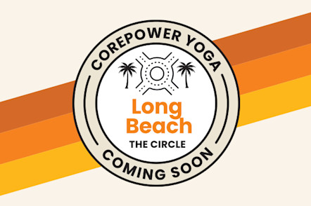 Tan and white CorePower Yoga coming soon target logo with orange Long Beach lettering in the center and a traffic circle icon to indicate the area