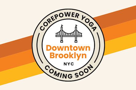 Tan and white CorePower Yoga coming soon target logo with orange Downtown Brooklyn lettering in the center and a Brooklyn Bridge icon to signify the neighborhood