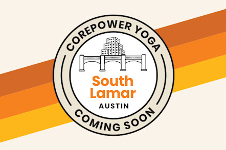 Circular logo for CorePower Yoga South Lamar Austin coming soon, featuring a bridge design with orange and yellow stripes