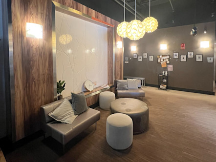 Metallic throw pillows displayed on a gray couch with gray poufs circling