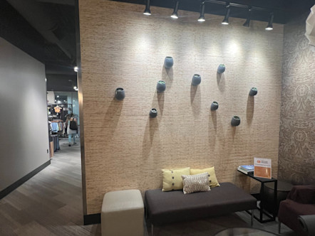 Front lobby area with scattered wall plants centered throughout a tan textured wall with a dark brown bench that has yellow pillows below 