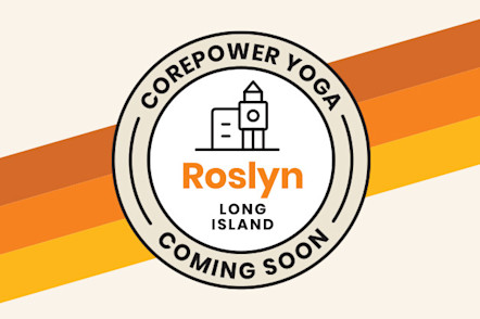 Circular logo for CorePower Yoga coming soon to Roslyn, Long Island, with clock tower icon on orange and yellow stripes