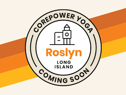 Circular logo for CorePower Yoga coming soon to Roslyn, Long Island, with clock tower icon on orange and yellow stripes