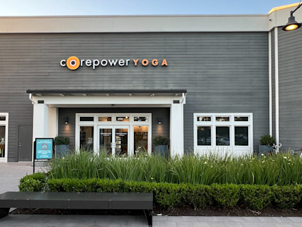 CPY studio with a grey wooden paneled exterior and white trim around the windows and doors with a line of greenery out front