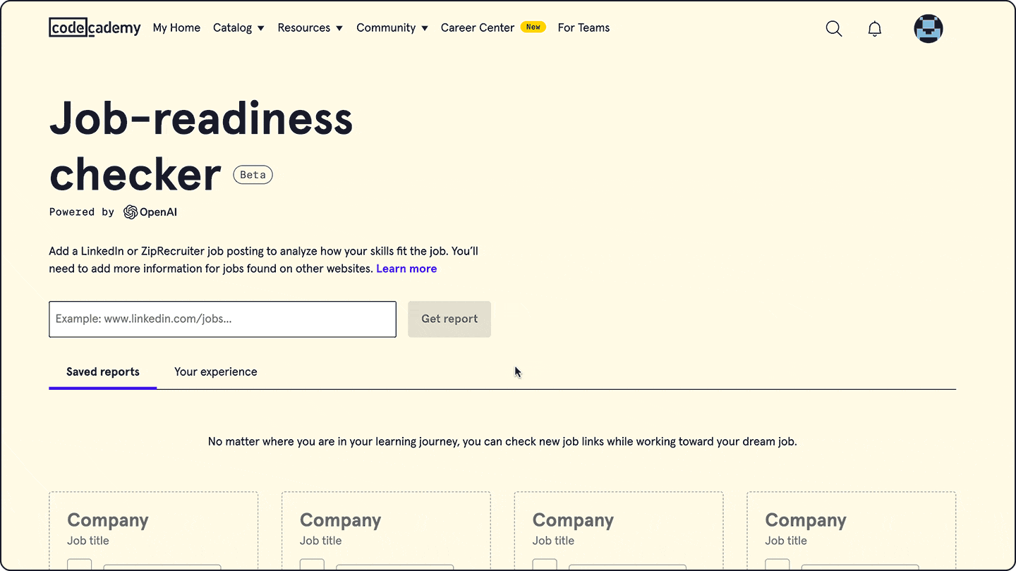 Animated GIF of Codecademy's Job Readiness Checker tool generating a compatibility report for a senior software engineer role