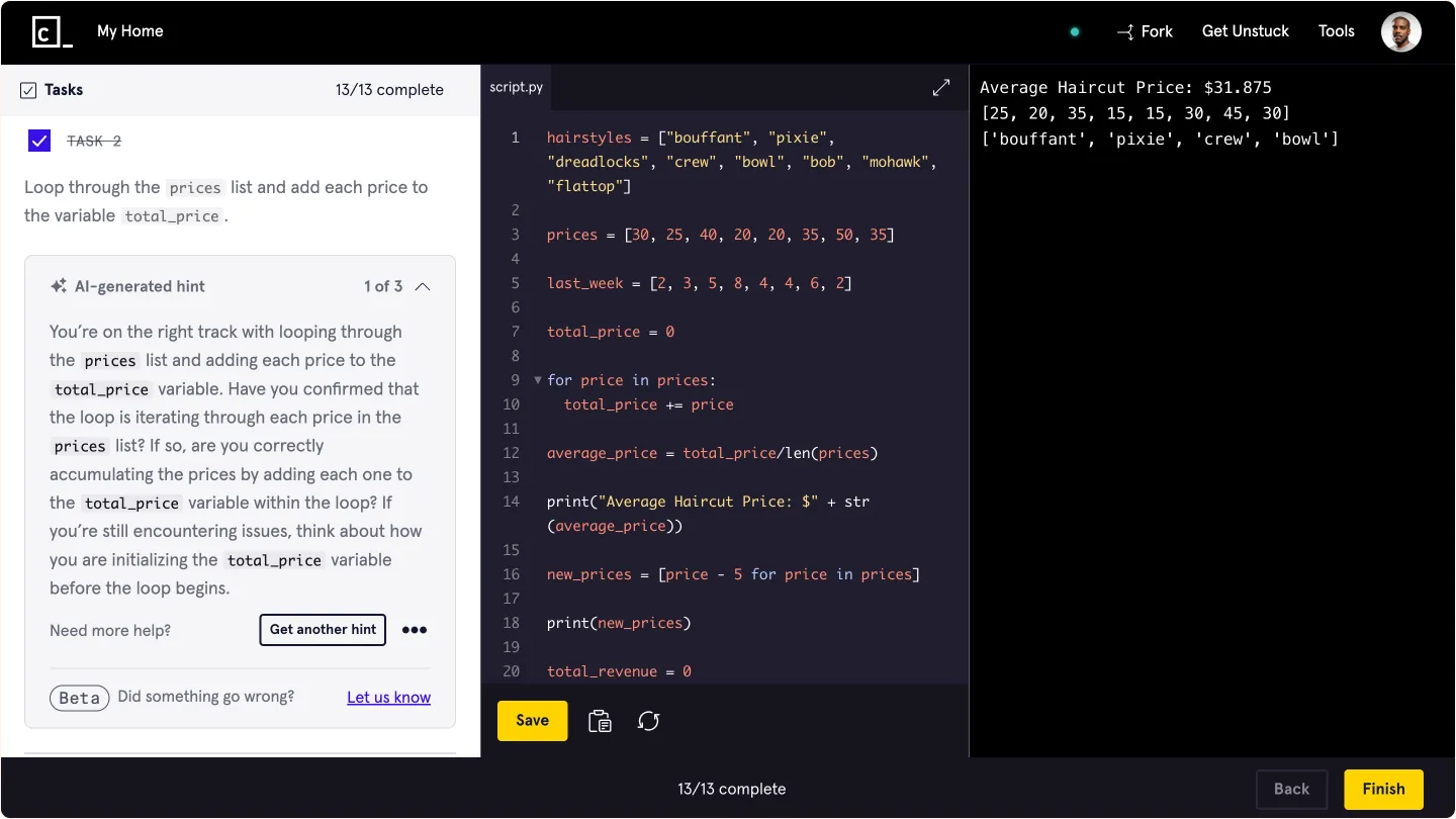 An AI-generated hint within the instructions of a Codecademy project