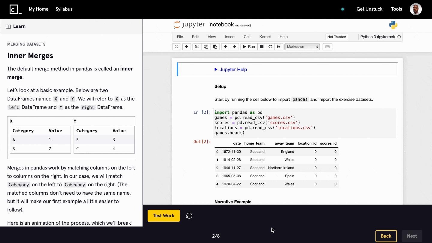 Animated GIF of Jupyter notebook integrated within a course titled 'Merging Datasets' running in Codecademy's learning environment