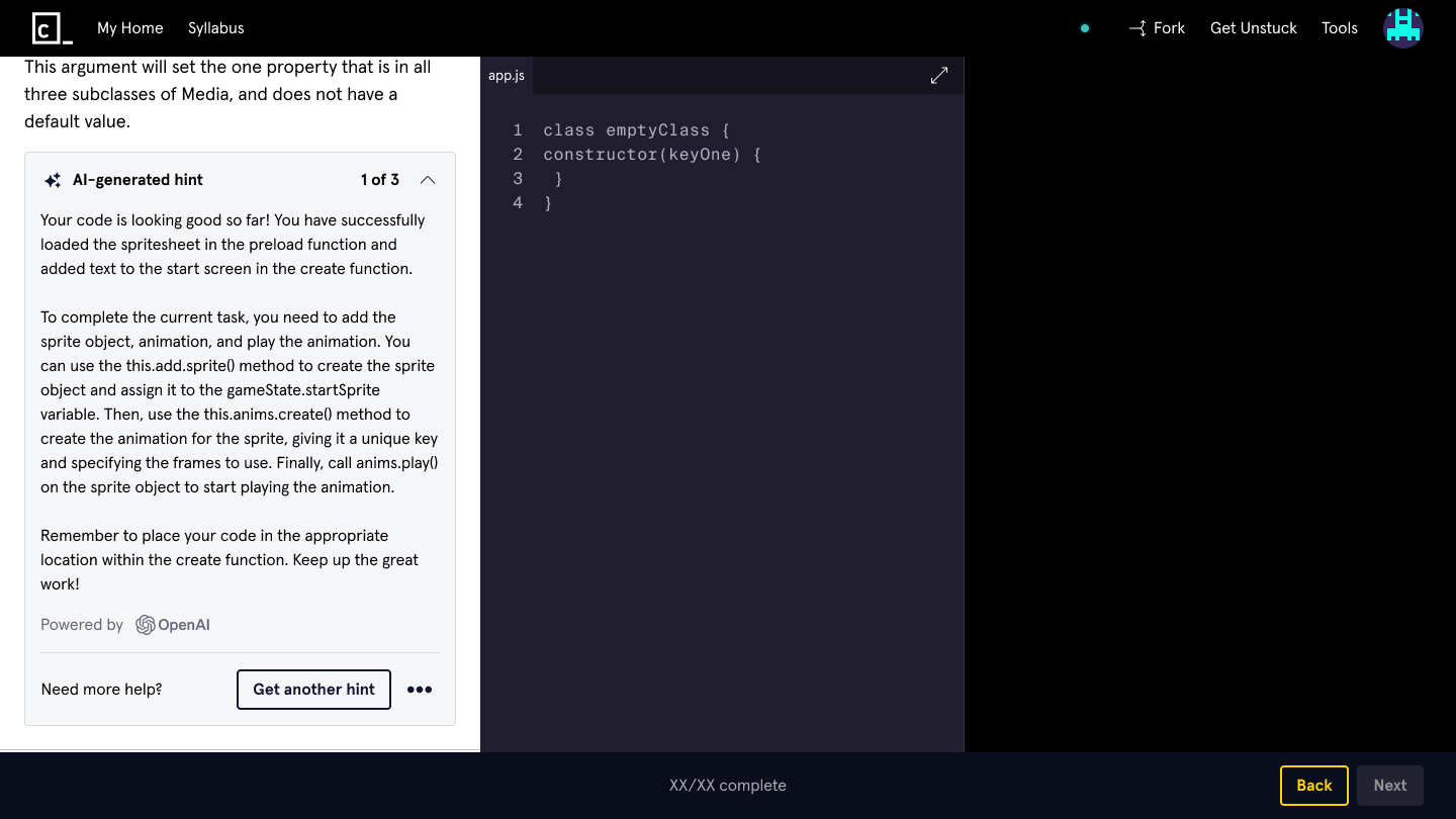 An AI-generated hint within the instructions of a Codecademy project
