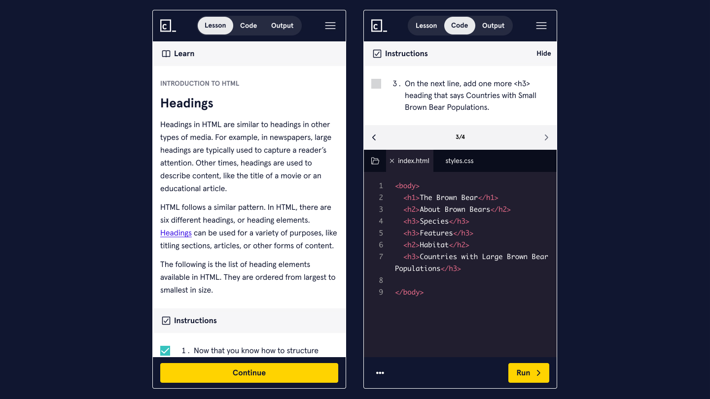 Mobile-friendly version of a lesson and code editor for the course 'Introduction to HTML' running in Codecademy's learning environment