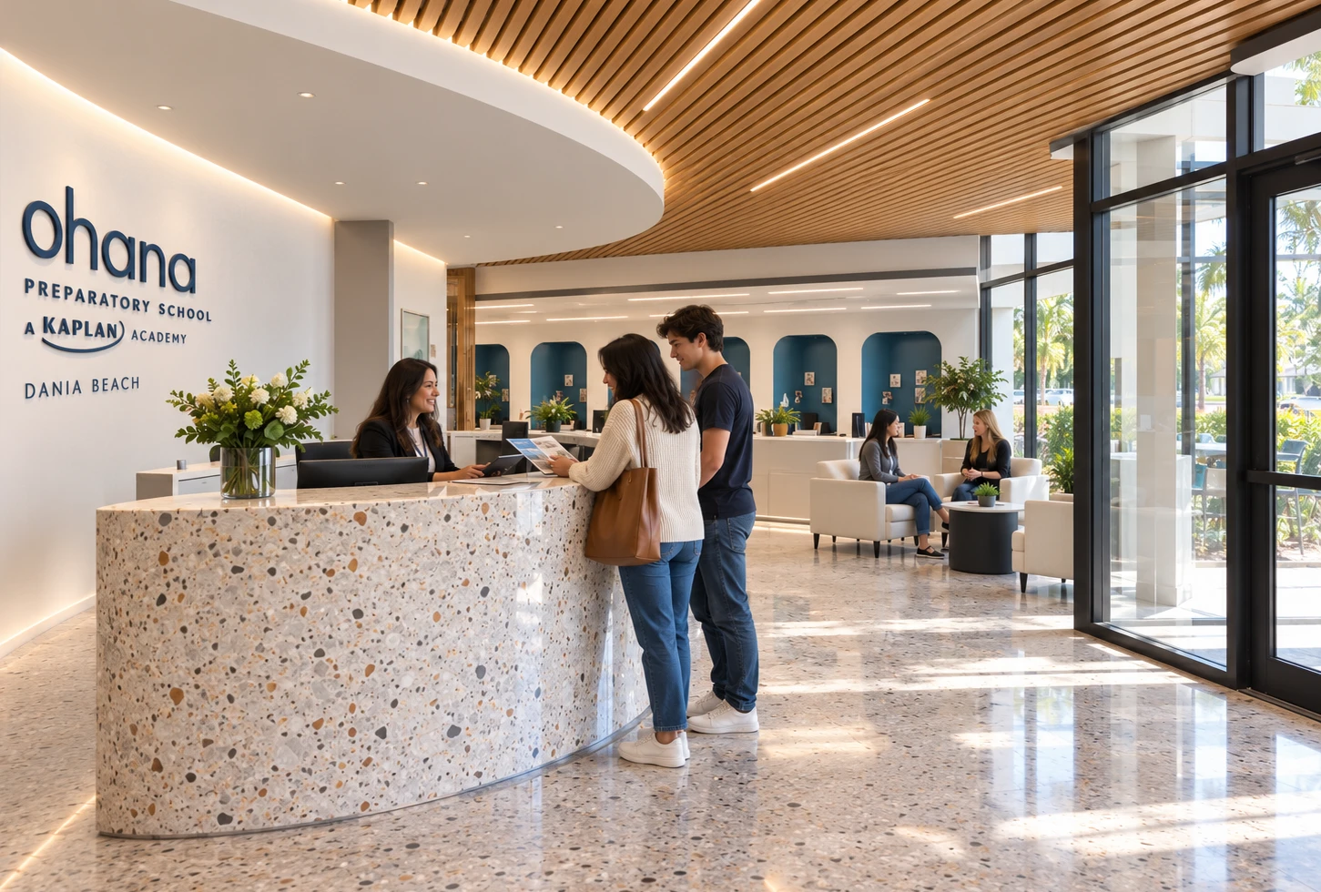Ohana campus lobby with parent and student